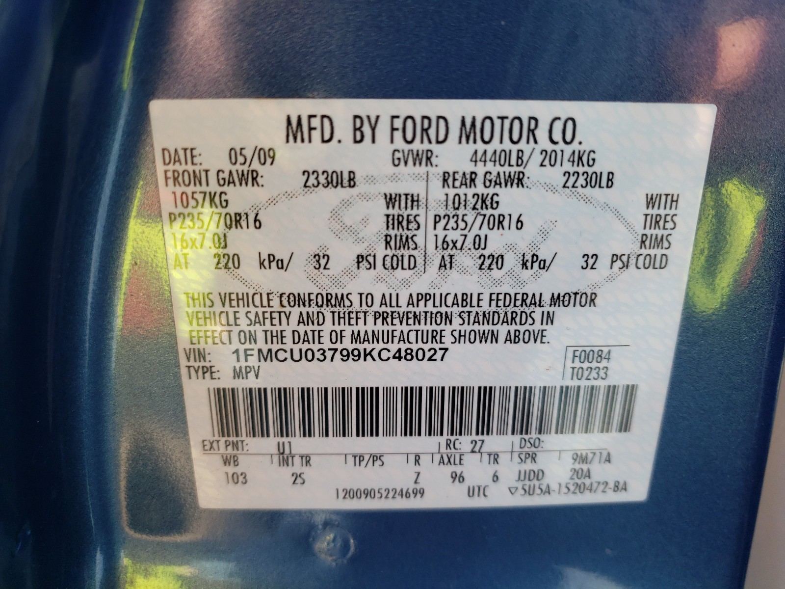 Photo 9 VIN: 1FMCU03799KC48027 - FORD ESCAPE XLT 