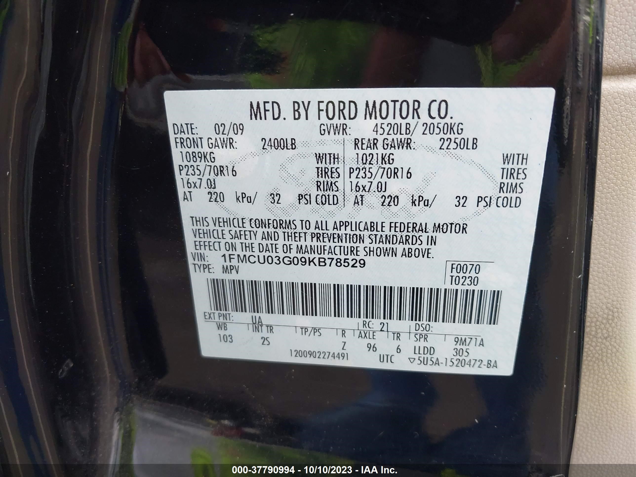 Photo 8 VIN: 1FMCU03G09KB78529 - FORD ESCAPE 