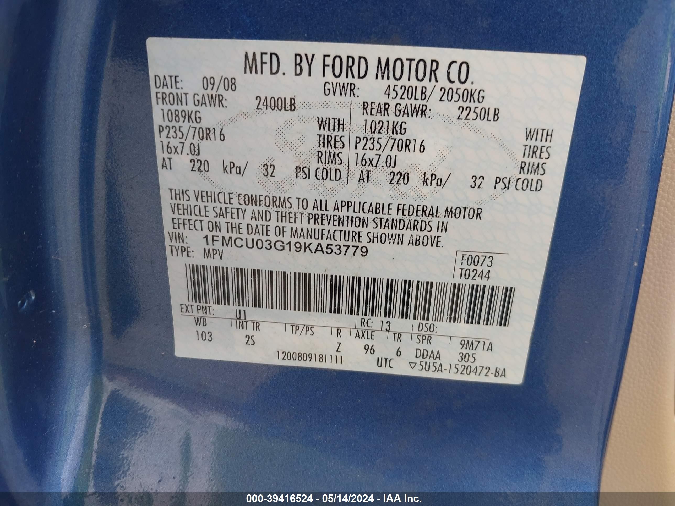 Photo 8 VIN: 1FMCU03G19KA53779 - FORD ESCAPE 