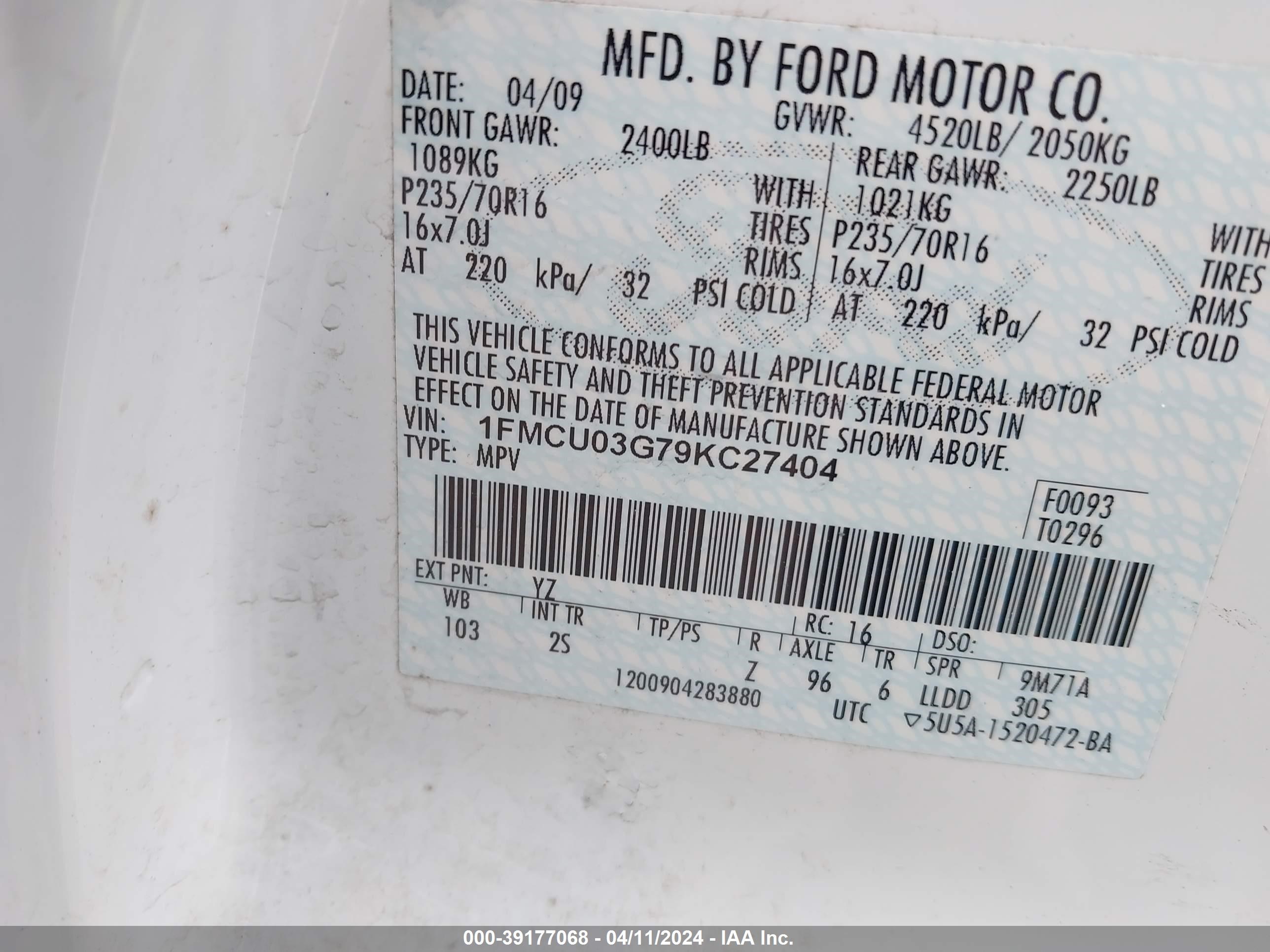 Photo 8 VIN: 1FMCU03G79KC27404 - FORD ESCAPE 