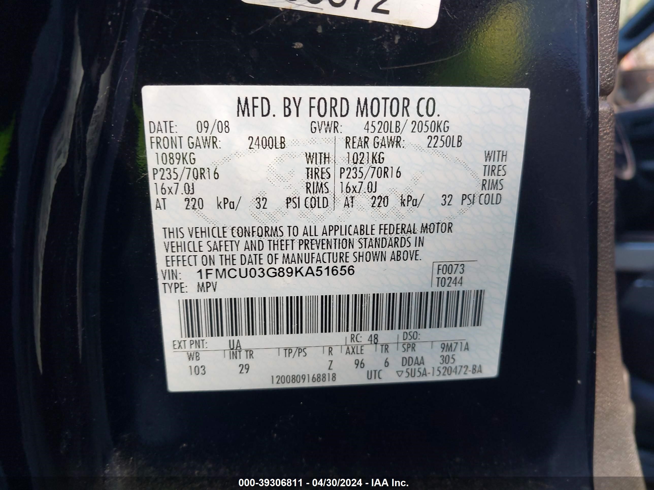 Photo 8 VIN: 1FMCU03G89KA51656 - FORD ESCAPE 