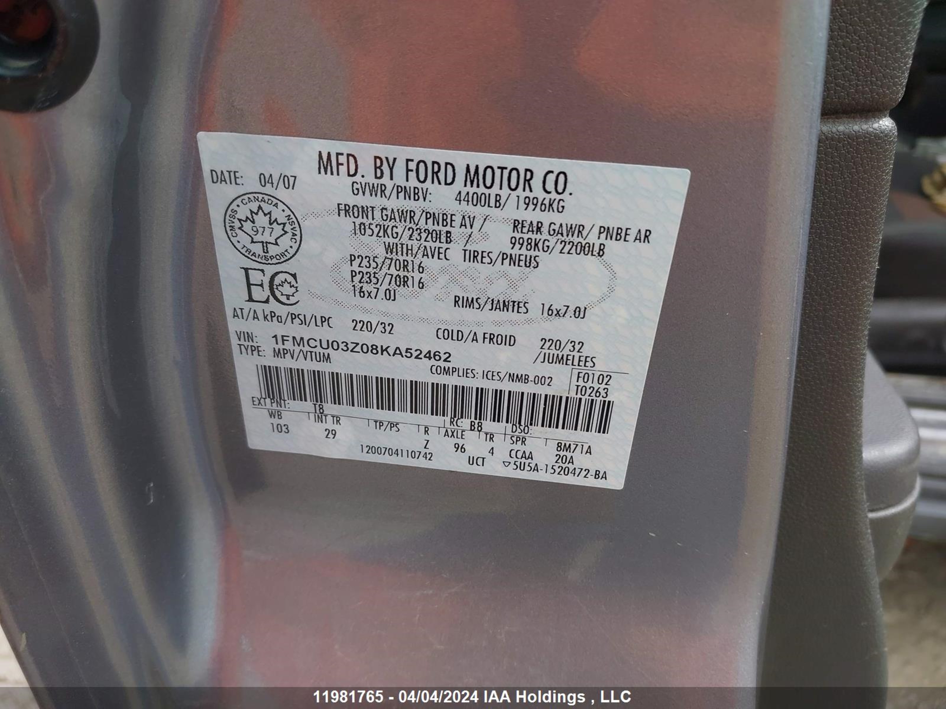 Photo 8 VIN: 1FMCU03Z08KA52462 - FORD ESCAPE 