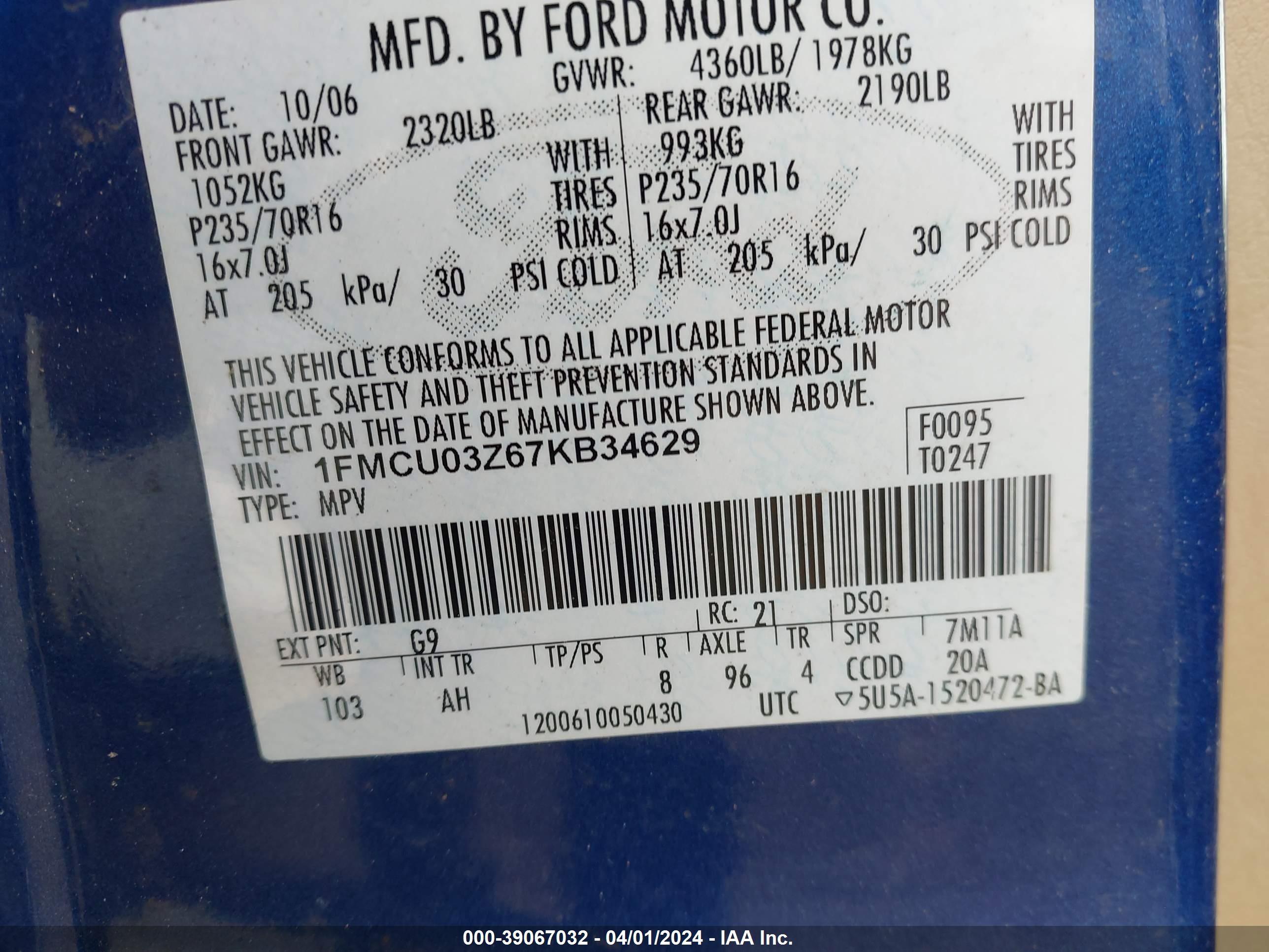 Photo 8 VIN: 1FMCU03Z67KB34629 - FORD ESCAPE 