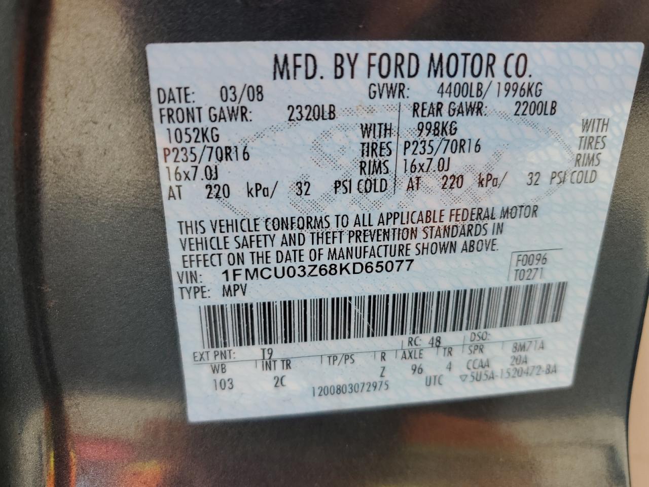 Photo 12 VIN: 1FMCU03Z68KD65077 - FORD ESCAPE 