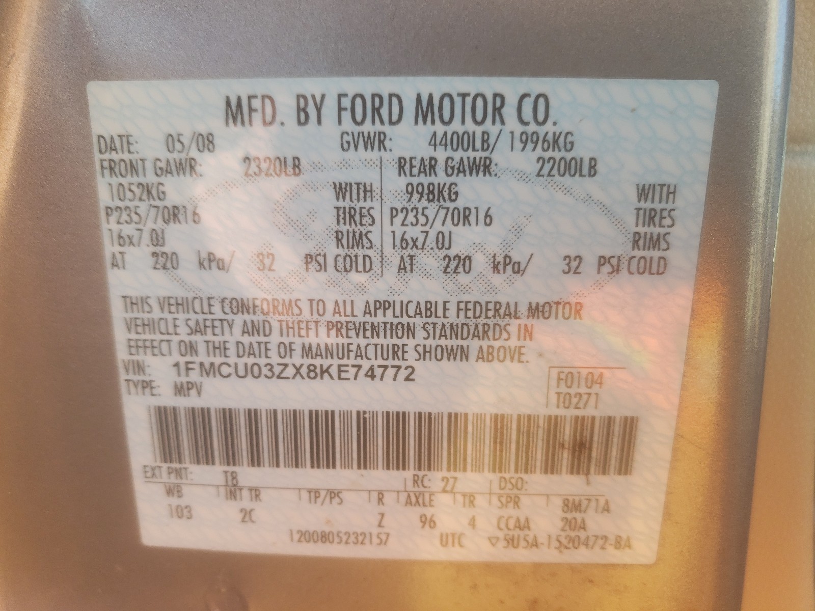 Photo 9 VIN: 1FMCU03ZX8KE74772 - FORD ESCAPE XLT 