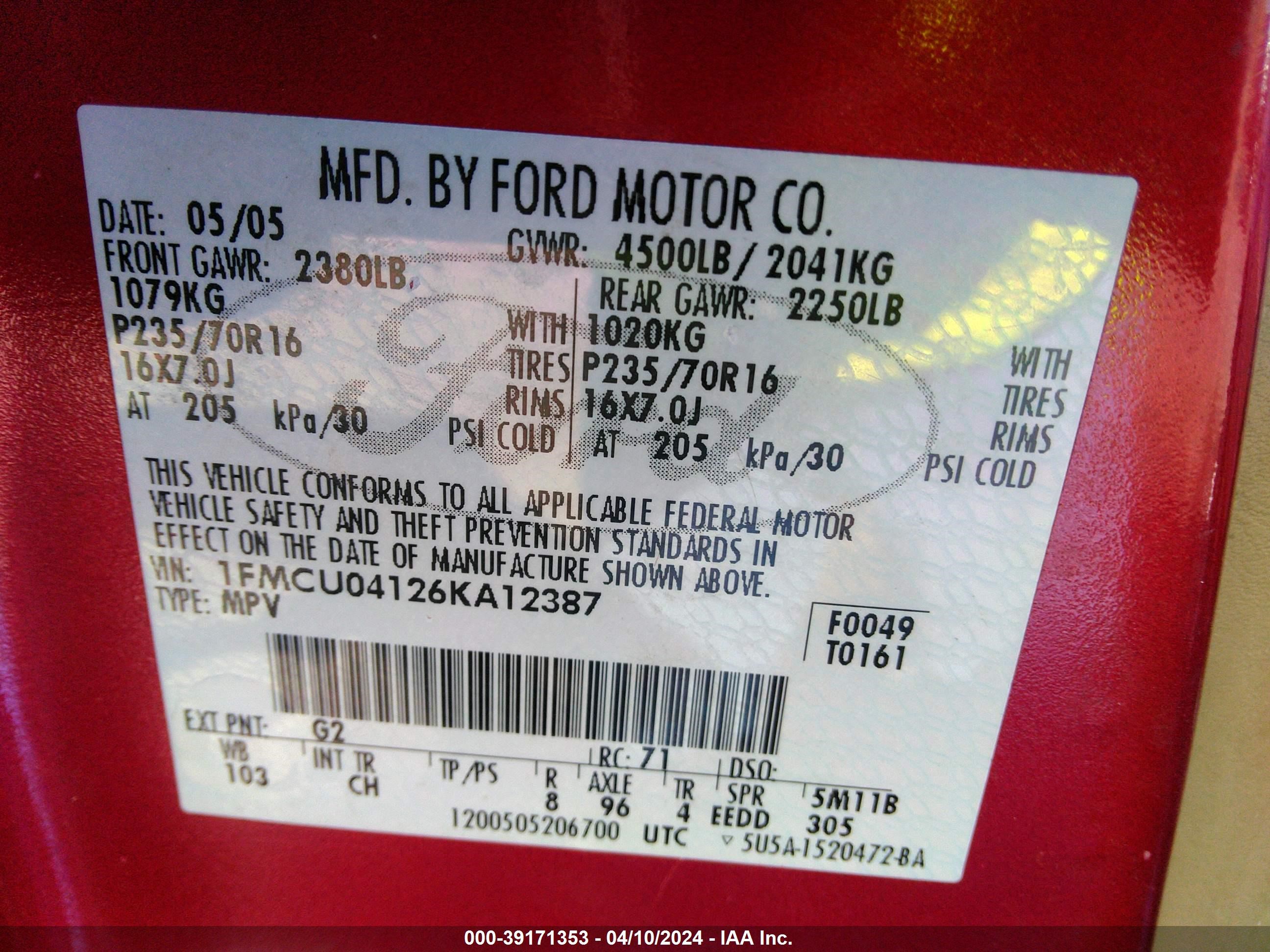 Photo 8 VIN: 1FMCU04126KA12387 - FORD ESCAPE 