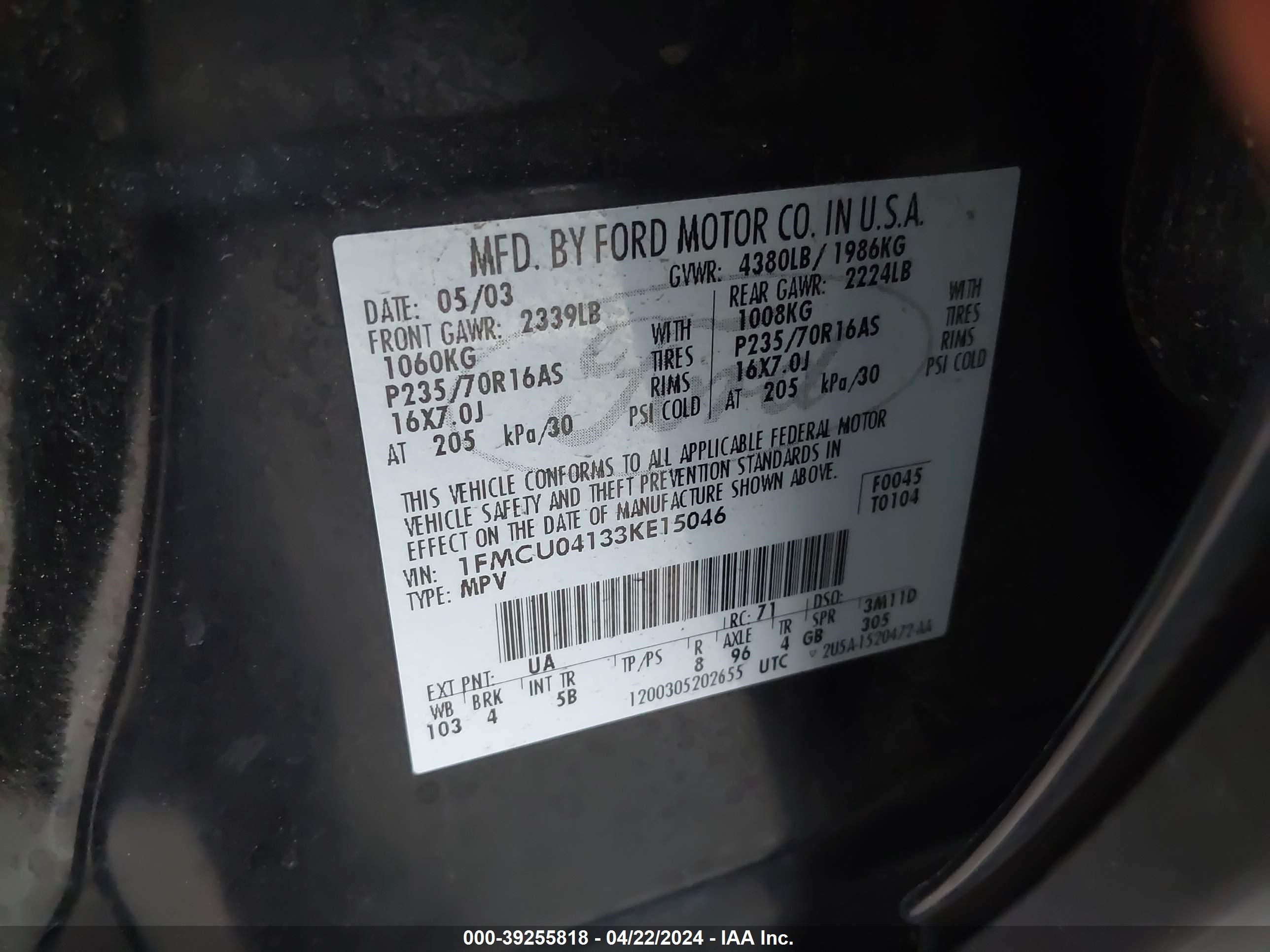 Photo 8 VIN: 1FMCU04133KE15046 - FORD ESCAPE 