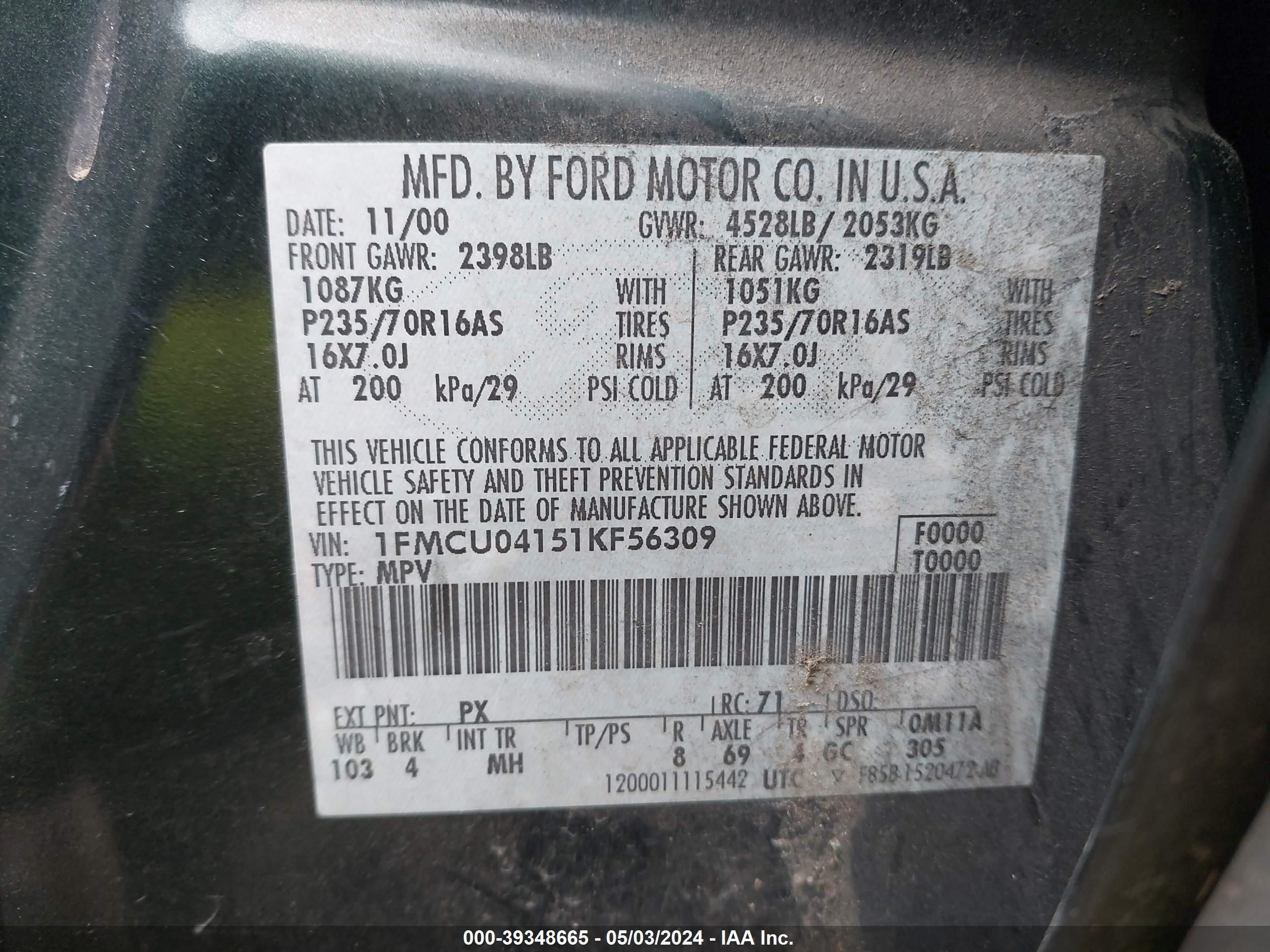 Photo 8 VIN: 1FMCU04151KF56309 - FORD ESCAPE 