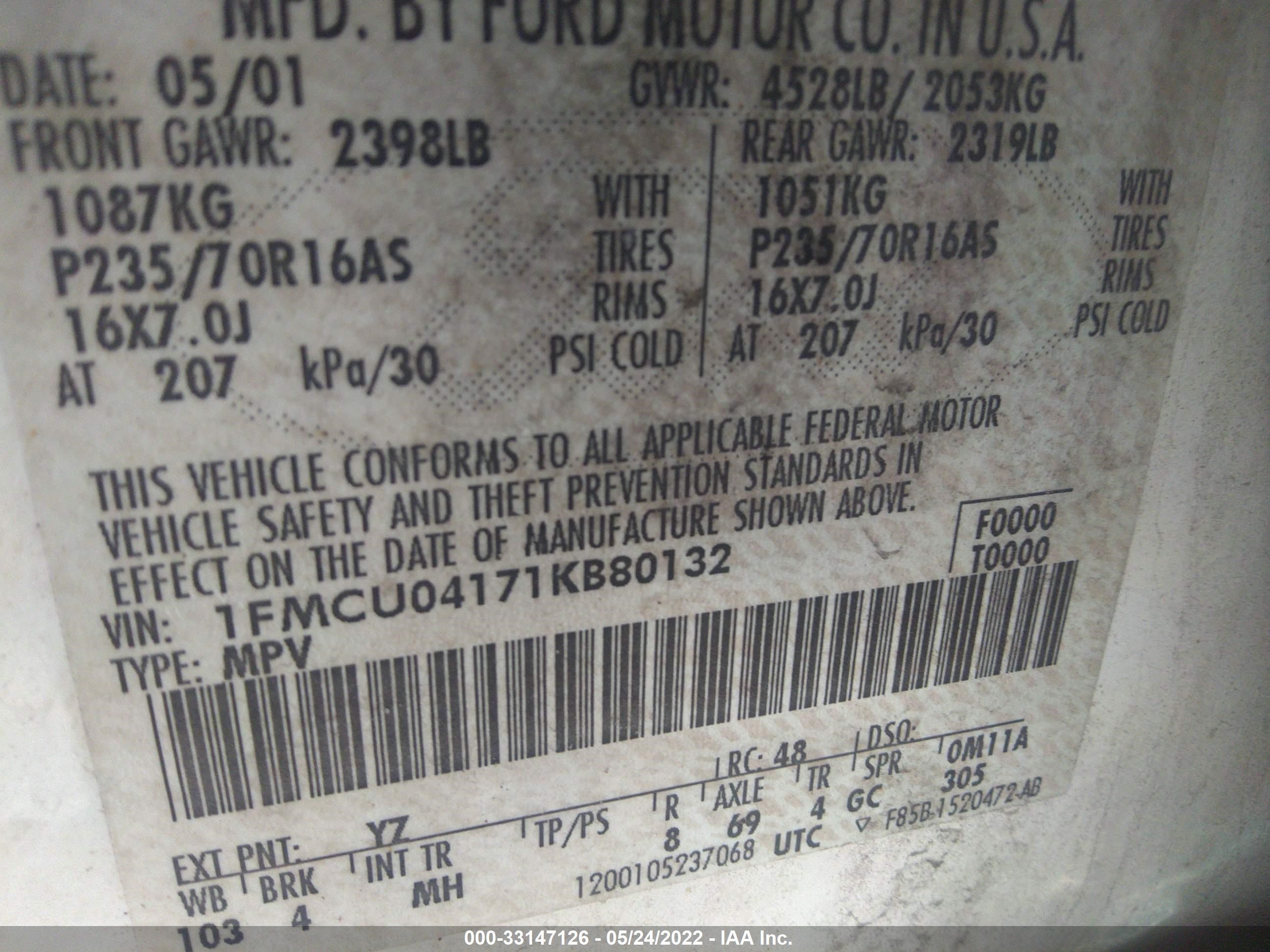 Photo 8 VIN: 1FMCU04171KB80132 - FORD ESCAPE 