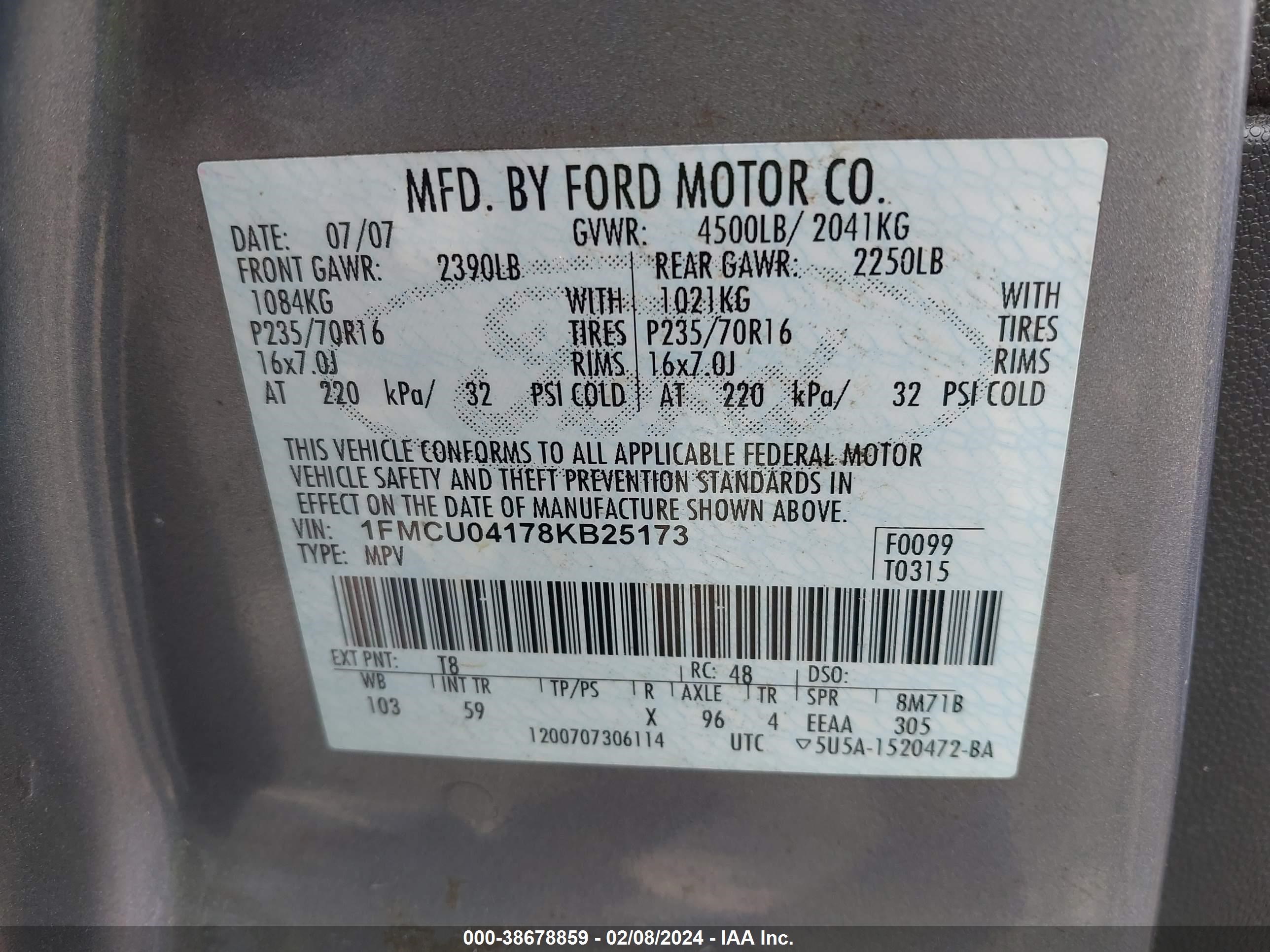 Photo 8 VIN: 1FMCU04178KB25173 - FORD ESCAPE 