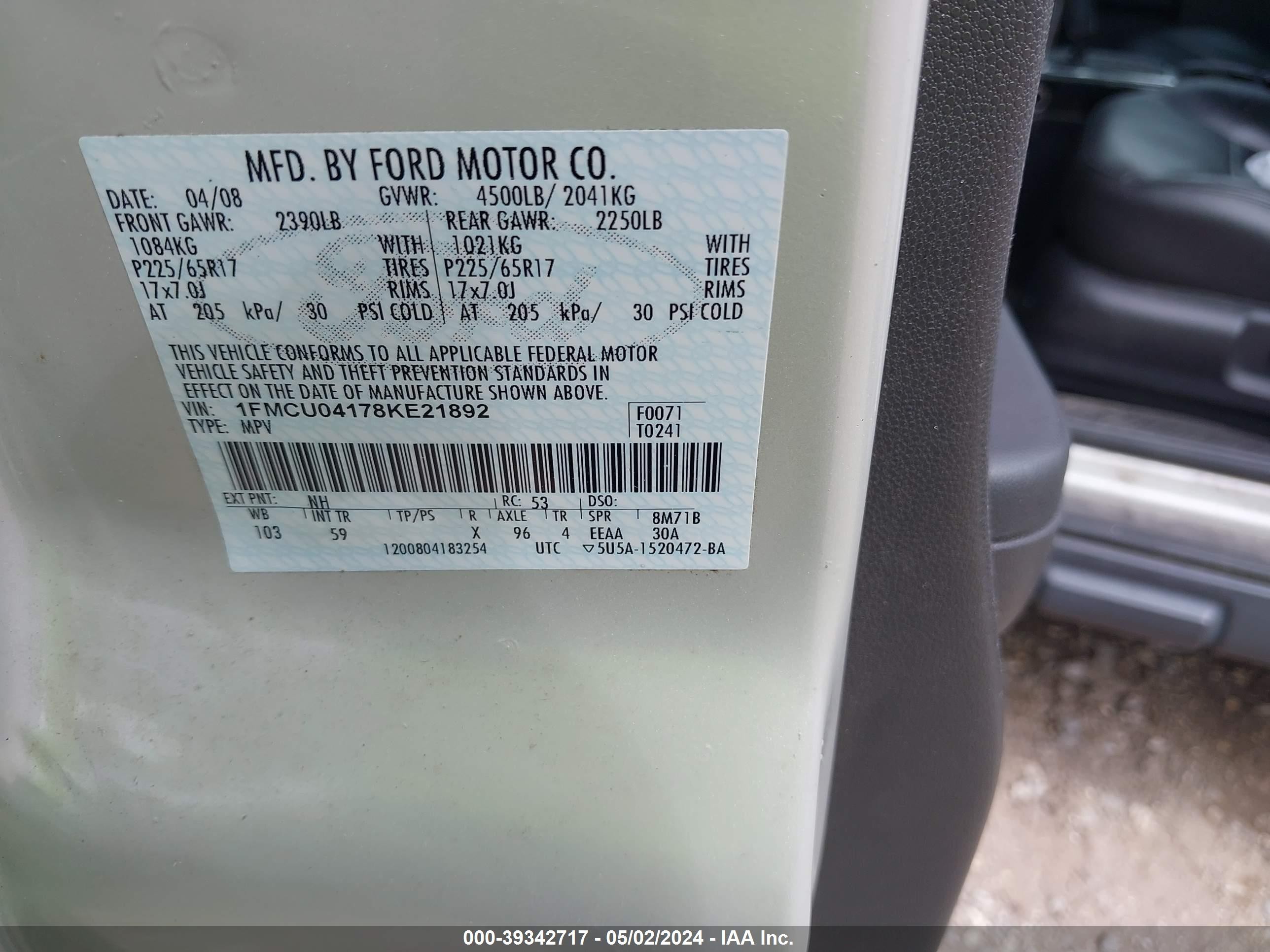 Photo 8 VIN: 1FMCU04178KE21892 - FORD ESCAPE 