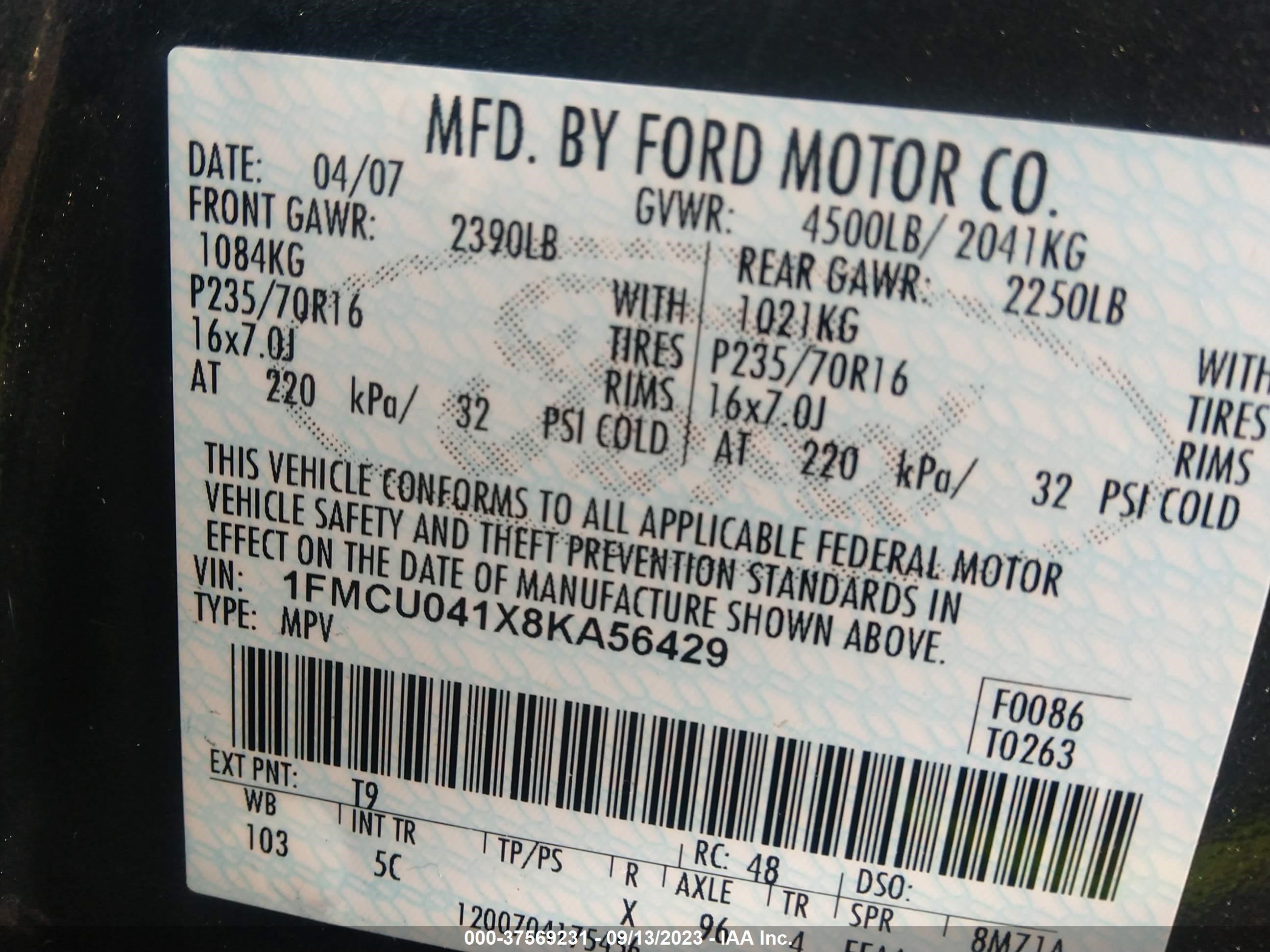 Photo 8 VIN: 1FMCU041X8KA56429 - FORD ESCAPE 