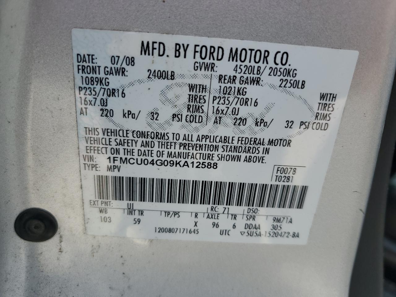 Photo 11 VIN: 1FMCU04G09KA12588 - FORD ESCAPE 