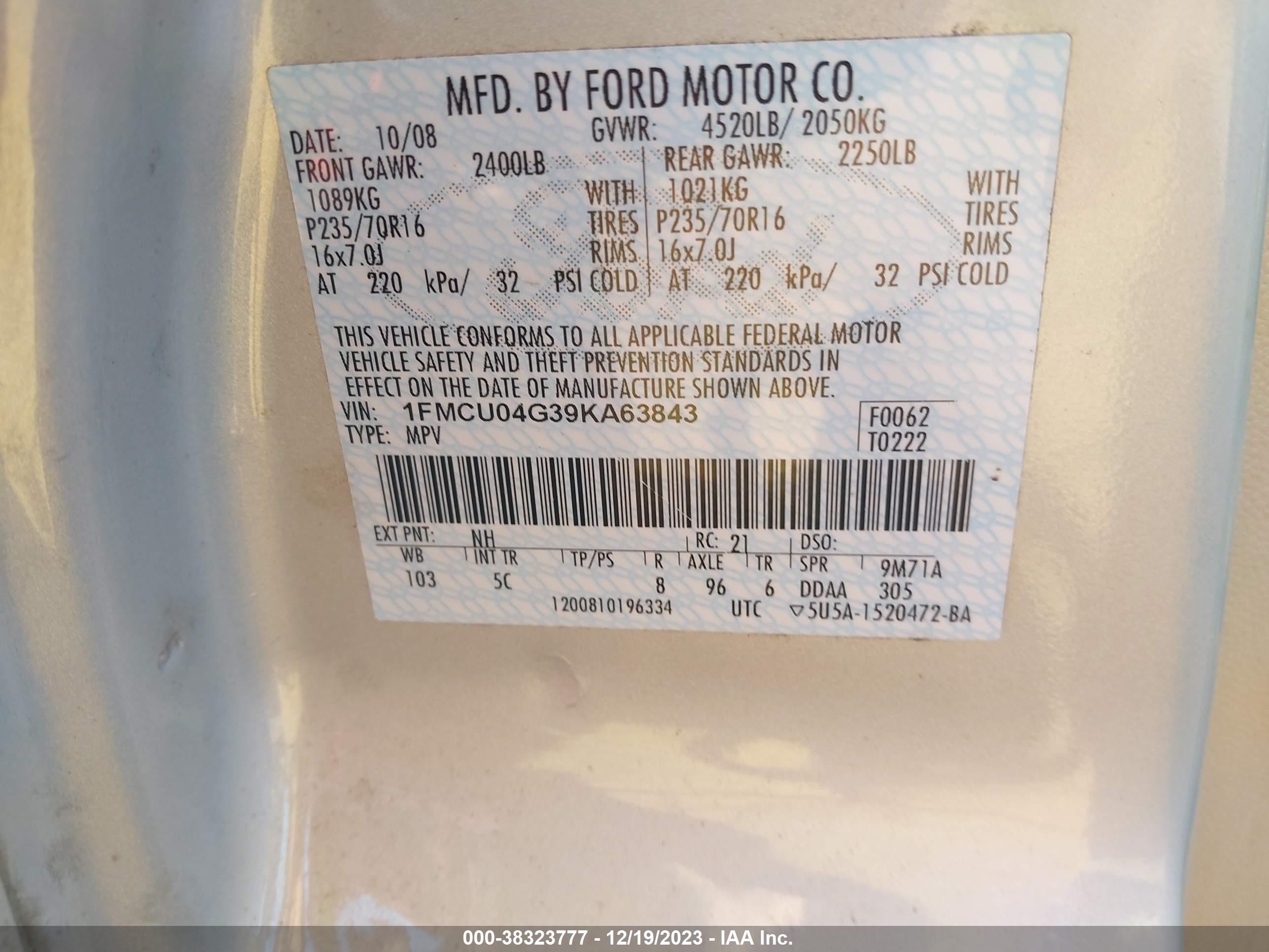 Photo 8 VIN: 1FMCU04G39KA63843 - FORD ESCAPE 