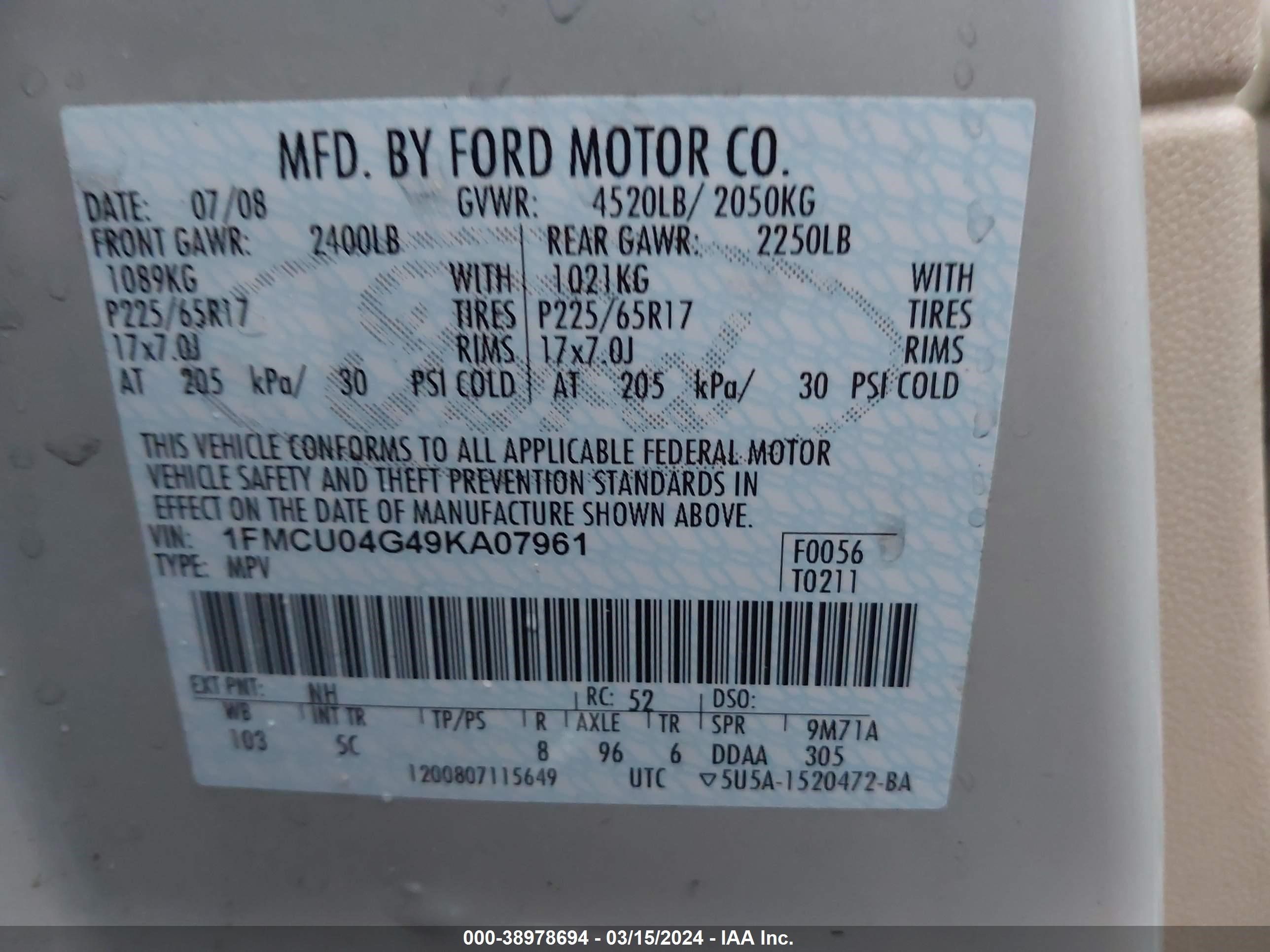 Photo 8 VIN: 1FMCU04G49KA07961 - FORD ESCAPE 