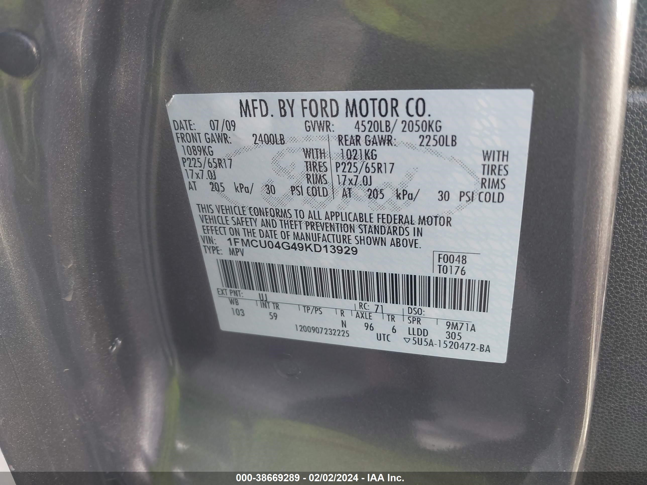 Photo 8 VIN: 1FMCU04G49KD13929 - FORD ESCAPE 