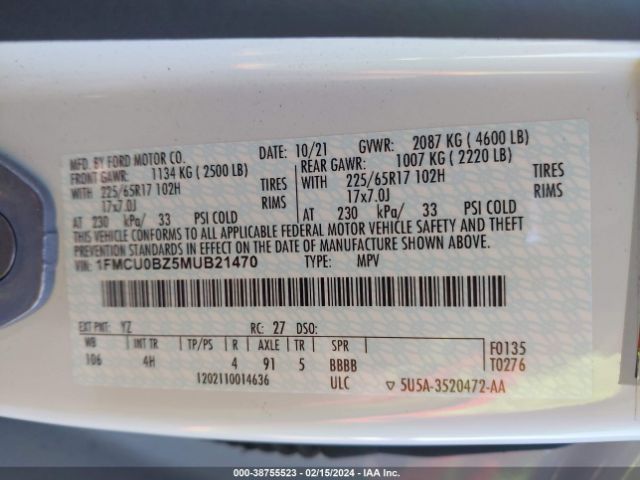 Photo 8 VIN: 1FMCU0BZ5MUB21470 - FORD ESCAPE 