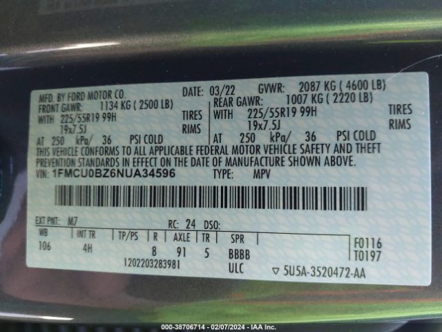 Photo 8 VIN: 1FMCU0BZ6NUA34596 - FORD ESCAPE 