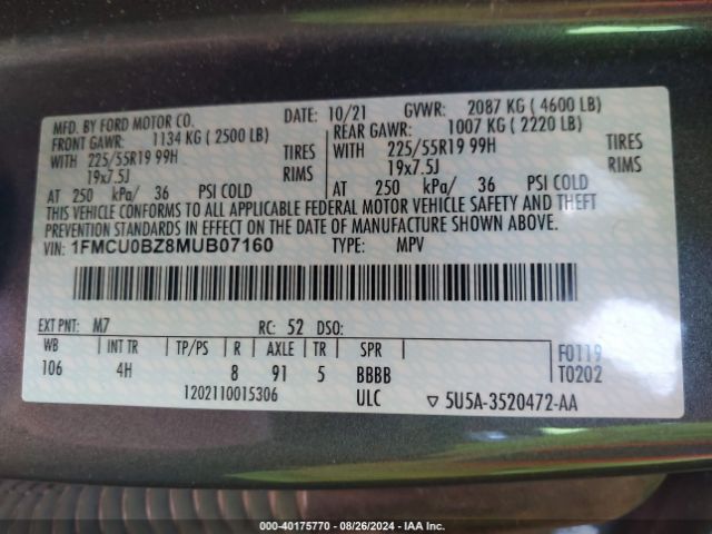 Photo 8 VIN: 1FMCU0BZ8MUB07160 - FORD ESCAPE 