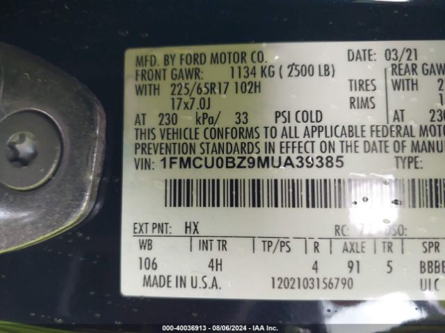 Photo 8 VIN: 1FMCU0BZ9MUA39385 - FORD ESCAPE 