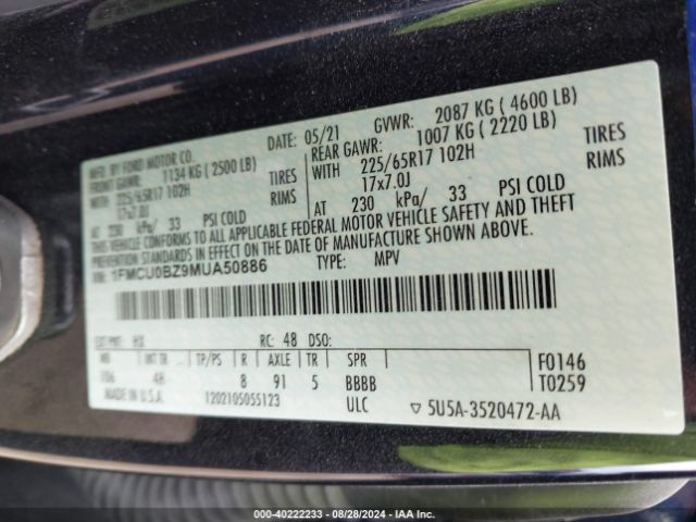 Photo 8 VIN: 1FMCU0BZ9MUA50886 - FORD ESCAPE 