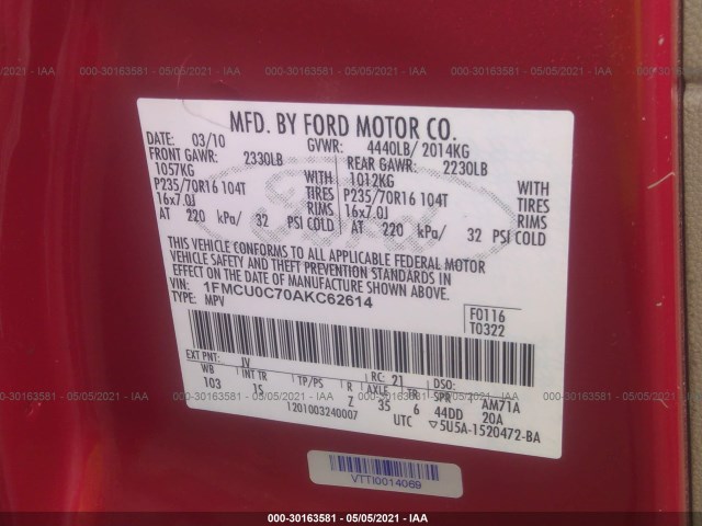 Photo 8 VIN: 1FMCU0C70AKC62614 - FORD ESCAPE 