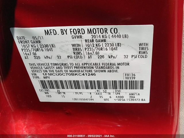 Photo 8 VIN: 1FMCU0C70BKC41246 - FORD ESCAPE 