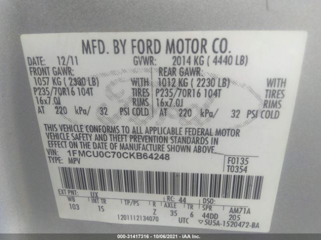 Photo 8 VIN: 1FMCU0C70CKB64248 - FORD ESCAPE 