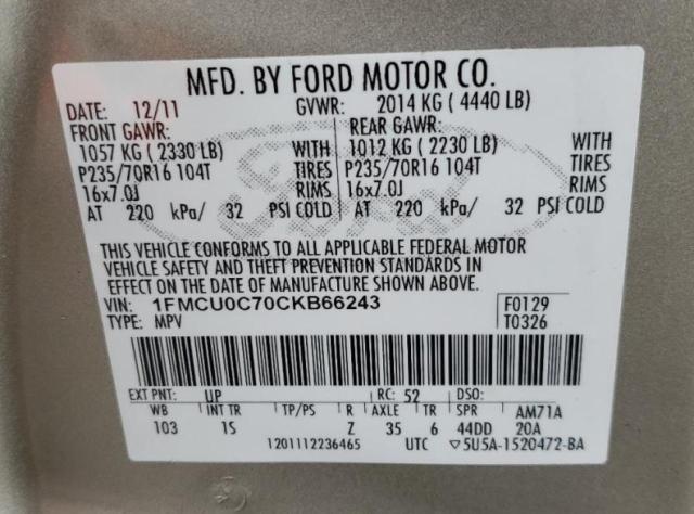 Photo 9 VIN: 1FMCU0C70CKB66243 - FORD ESCAPE XLS 