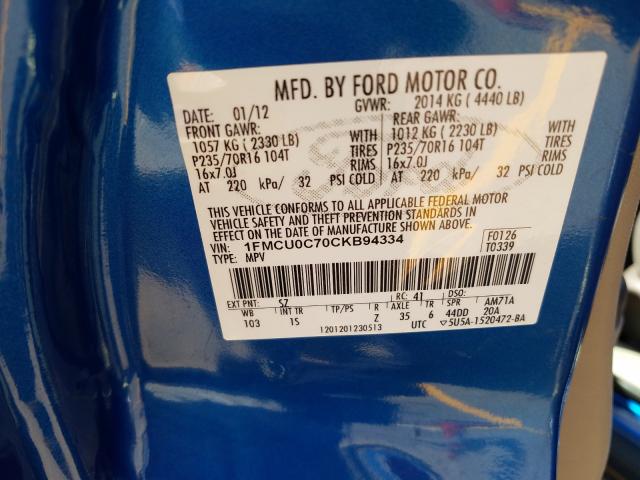 Photo 9 VIN: 1FMCU0C70CKB94334 - FORD ESCAPE XLS 