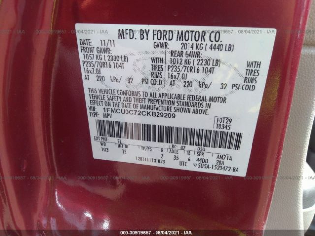 Photo 8 VIN: 1FMCU0C72CKB29209 - FORD ESCAPE 