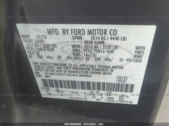 Photo 8 VIN: 1FMCU0C72CKC36650 - FORD ESCAPE 