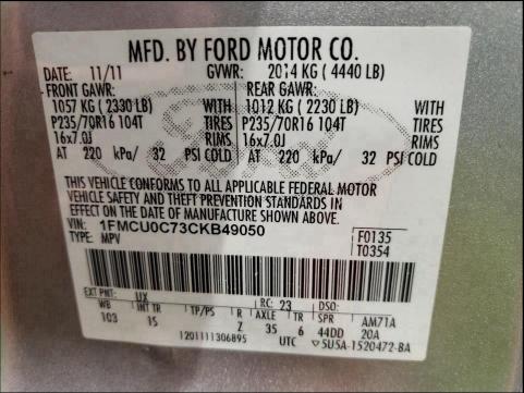 Photo 9 VIN: 1FMCU0C73CKB49050 - FORD ESCAPE XLS 