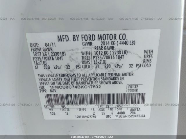 Photo 8 VIN: 1FMCU0C74BKC17502 - FORD ESCAPE 