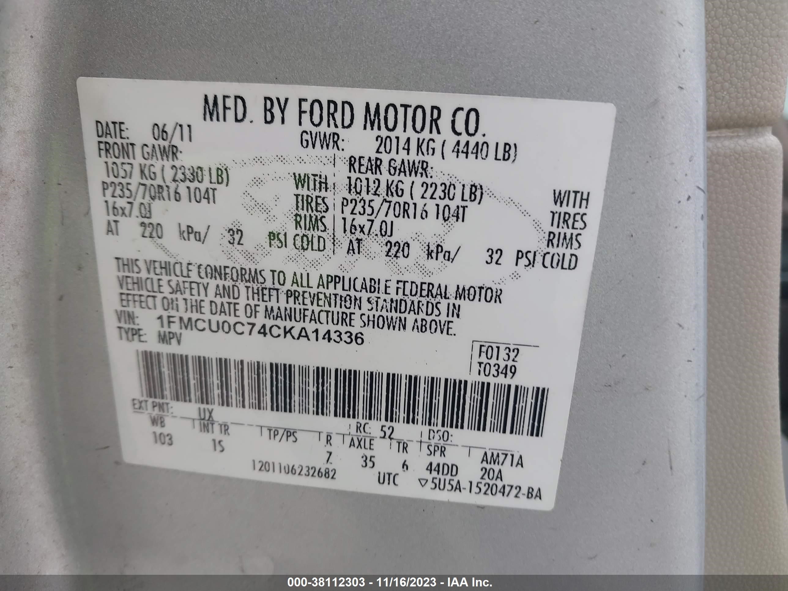 Photo 8 VIN: 1FMCU0C74CKA14336 - FORD ESCAPE 