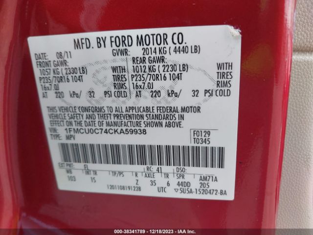 Photo 8 VIN: 1FMCU0C74CKA59938 - FORD ESCAPE 