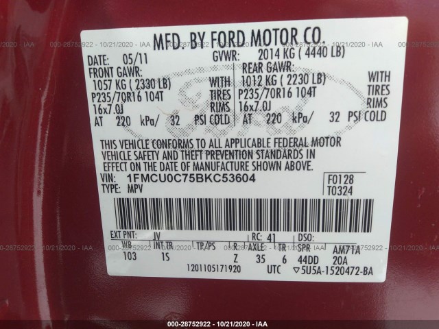 Photo 8 VIN: 1FMCU0C75BKC53604 - FORD ESCAPE 