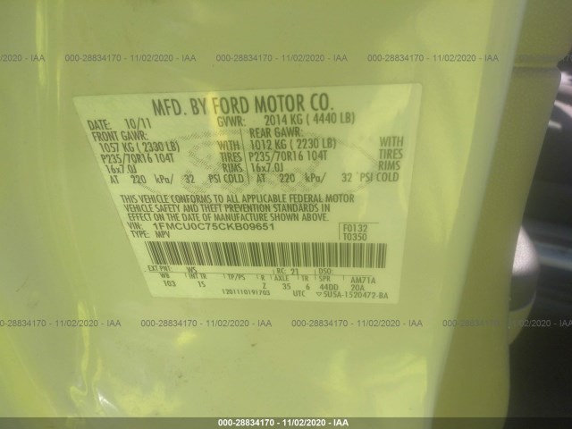 Photo 8 VIN: 1FMCU0C75CKB09651 - FORD ESCAPE 