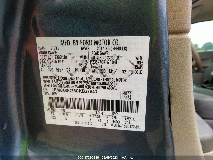 Photo 8 VIN: 1FMCU0C75CKB27843 - FORD ESCAPE 