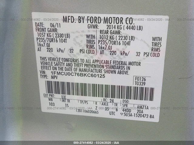 Photo 8 VIN: 1FMCU0C76BKC60125 - FORD ESCAPE 