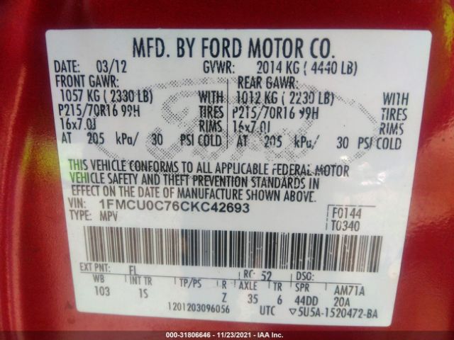 Photo 8 VIN: 1FMCU0C76CKC42693 - FORD ESCAPE 