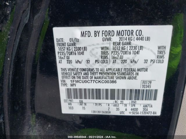 Photo 8 VIN: 1FMCU0C77CKC00386 - FORD ESCAPE 