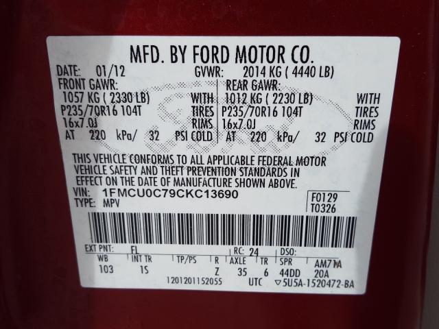 Photo 9 VIN: 1FMCU0C79CKC13690 - FORD ESCAPE XLS 