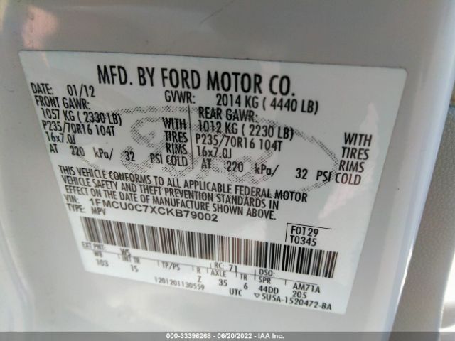 Photo 8 VIN: 1FMCU0C7XCKB79002 - FORD ESCAPE 