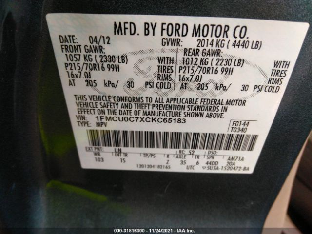 Photo 8 VIN: 1FMCU0C7XCKC65183 - FORD ESCAPE 