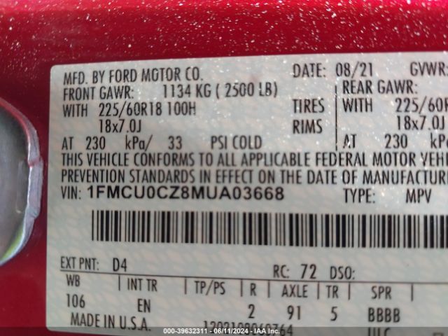 Photo 8 VIN: 1FMCU0CZ8MUA03668 - FORD ESCAPE 