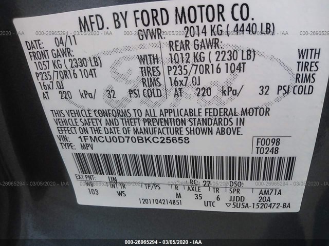 Photo 8 VIN: 1FMCU0D70BKC25658 - FORD ESCAPE 