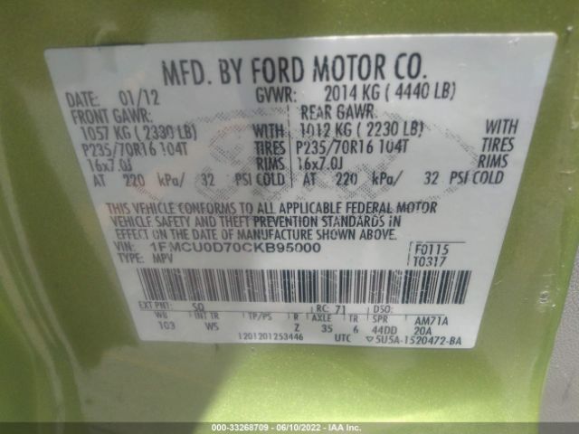 Photo 8 VIN: 1FMCU0D70CKB95000 - FORD ESCAPE 