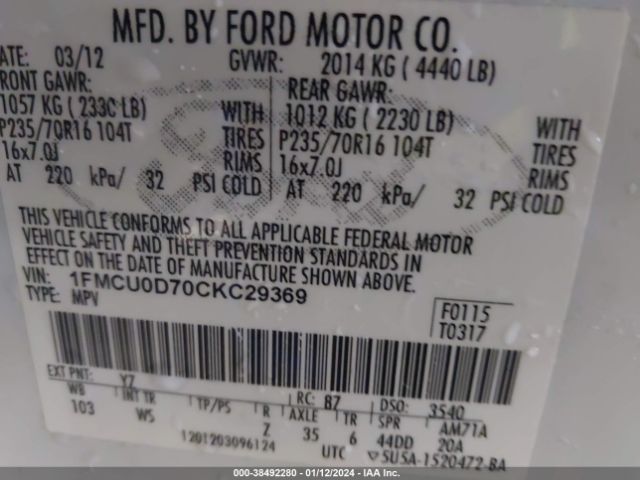 Photo 8 VIN: 1FMCU0D70CKC29369 - FORD ESCAPE 