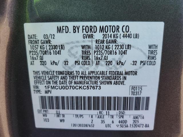 Photo 11 VIN: 1FMCU0D70CKC57673 - FORD ESCAPE 